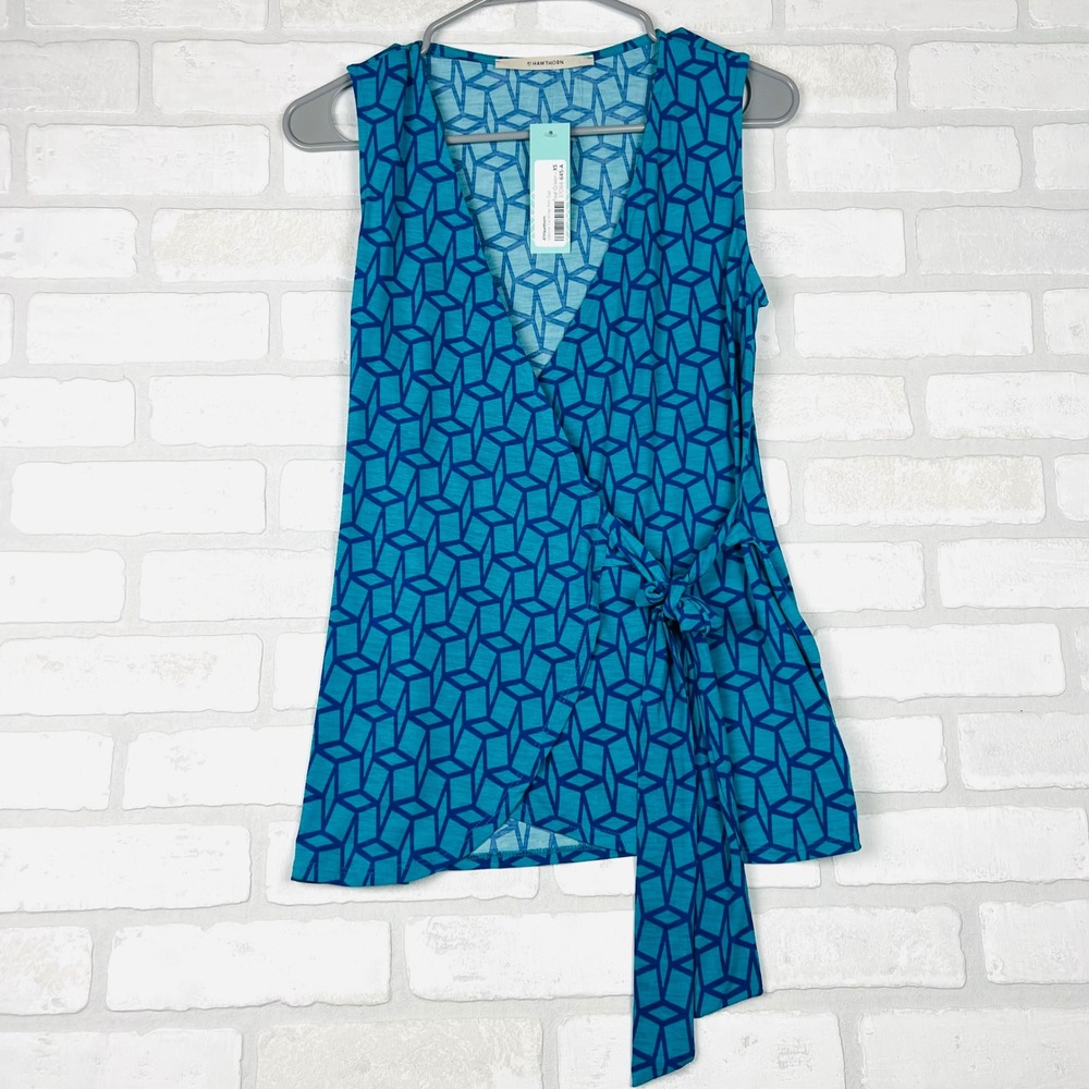 41 Hawthorn Teal‎ Green Geometric Wrap Knit Top Sleeveless Blouse - XS